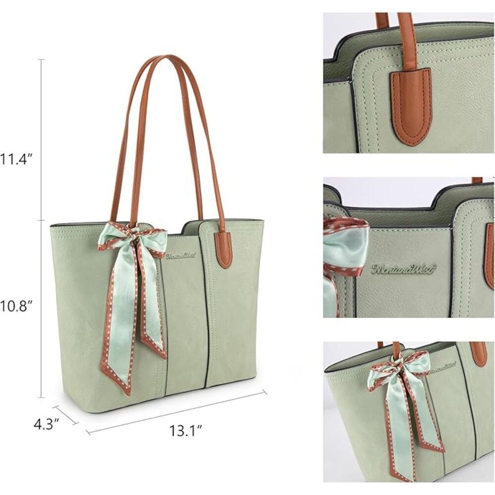 Women Pastel Green Vegan Leather Satchel Top Handle Polyester Lining Tote Bags - Picture 4 of 4